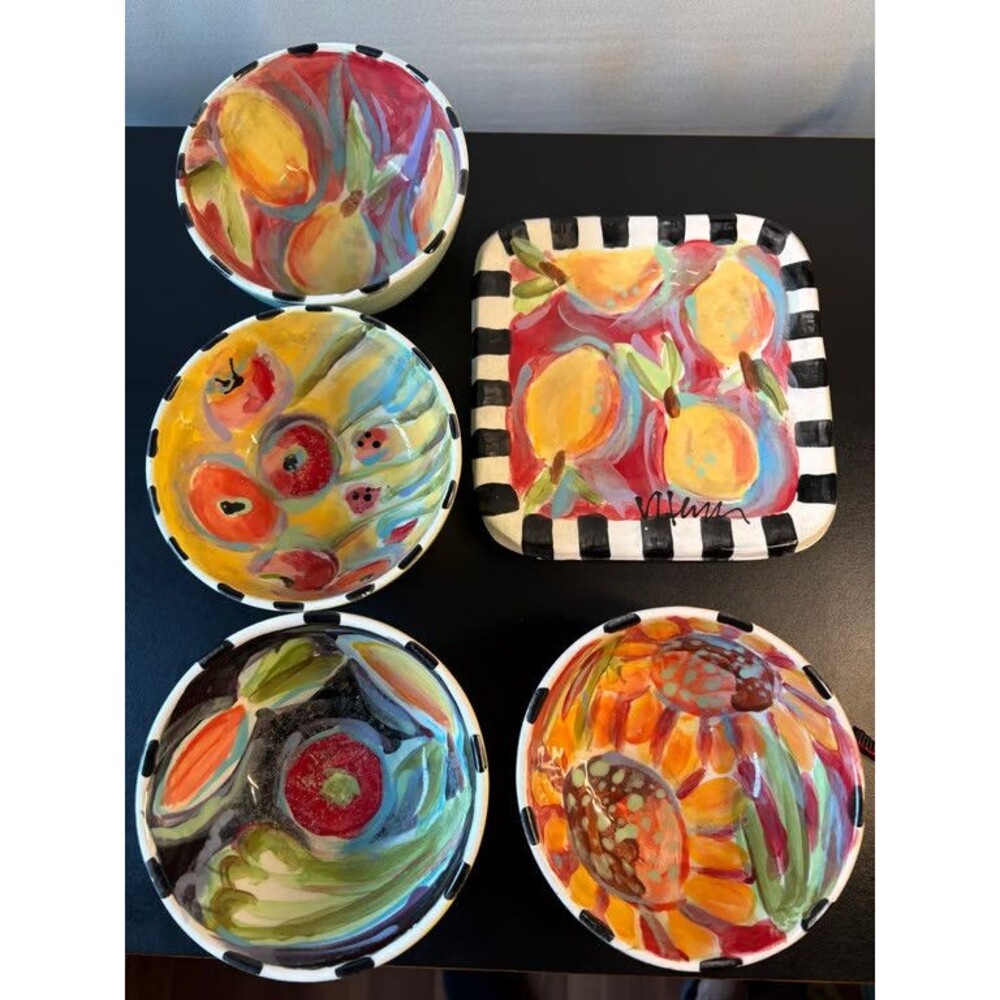 Vicki Keisler Hand Painted Fruit Bowls and Plates Set Signed Art Pottery